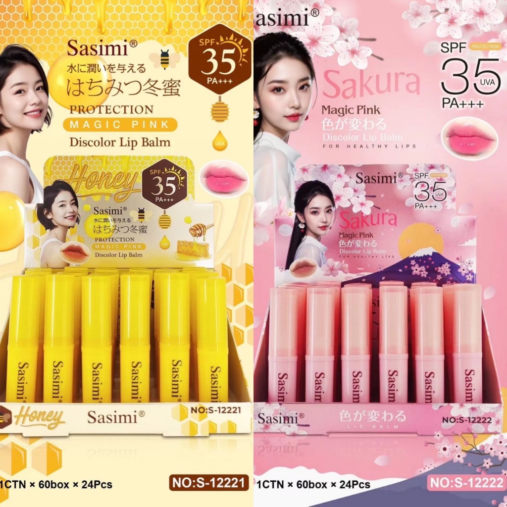 (24แท่ง) Sasimi Protection Magic Lip Balm ลิปบาล์มกันแดด บำรุงริมฝีปาก เนียนนุ่ม อมชมพู SPF35 PA+++