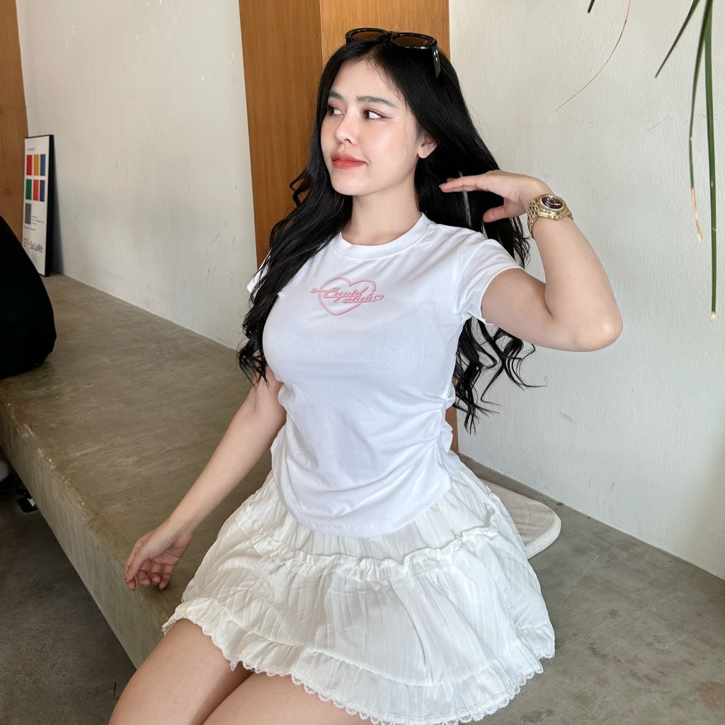 เสื้อยืดผ้ายูนิ ใส่แล้วพรางหุ่น สกรีนหัวใจน่าร้าก 🍒 ทรงสวย แต่งย่นข้าง ผ้ายืดเยอะมากใส่สบาย รุ่น จั๊มเอวCupidclub