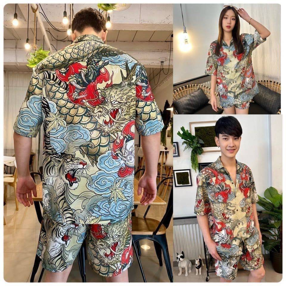 XOM ชุดเซต เสื้อเชิ้ต+กางเกง พร้อมกล่องพิมพ์ลาย