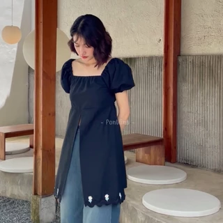 FONTLINE ชุดมินิเดรสน่ารัก แหวก3ทาง แขนพอง ผูกหลังพรางหุ่น ผ้าฝ้ายเกรดฟอกนุ่ม สไตล์มินิมอล (V60)