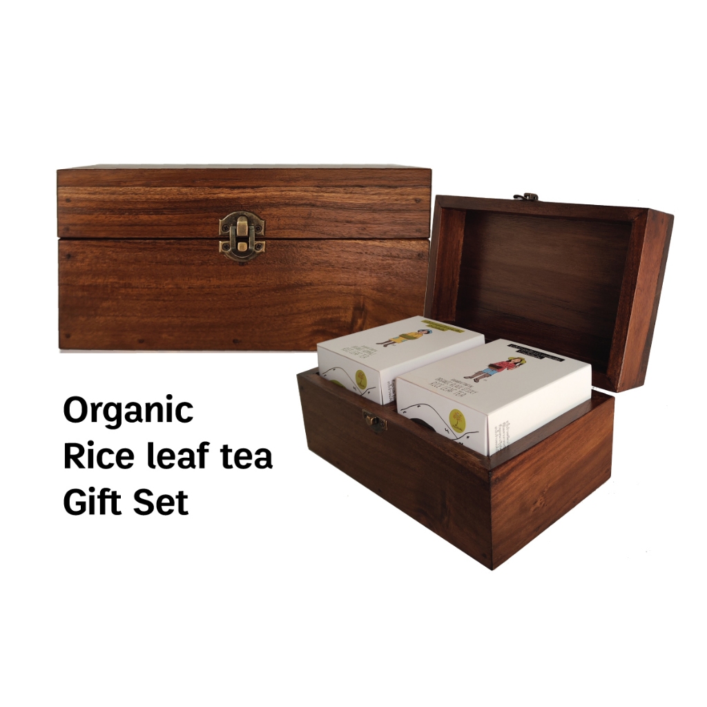 กล่องของขวัญไม้สัก ชาใบข้าวออร์แกนิค Organic Rice Leaf Tea Teak box กล่องไม้สักแท้ ด้วยมือช่างไม้