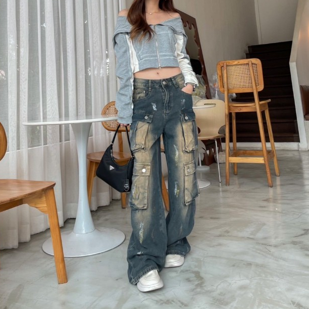 Pimma cargo jeans กางเกงยีนส์คาร์โกแต่งสีแมคคาลิค