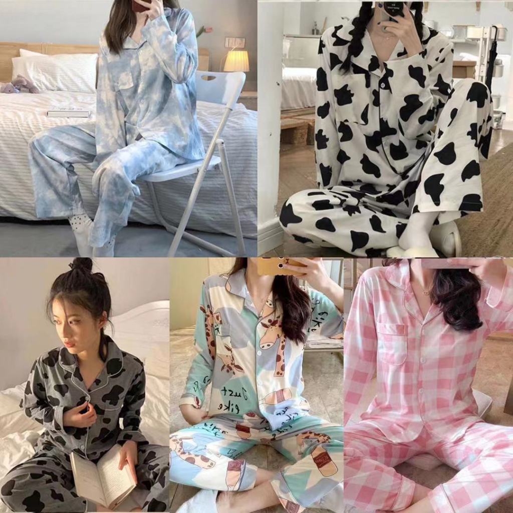 ชุดนอนเสื้อคอปก ฟรีไซส์ แขนยาวขายาว ผ้าคอตตอน