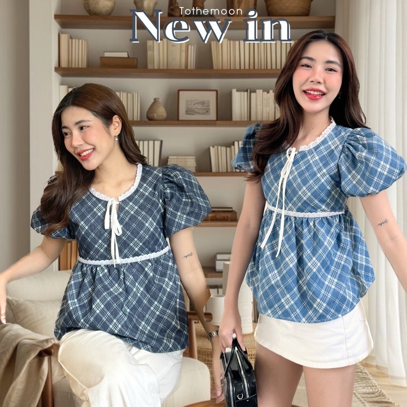 KN.Clothes เสื้อแขนบอลลูน คอลูกไม้ผูกโบว์ ช่วงหน้าอกมีซับใน TOTHEMOON