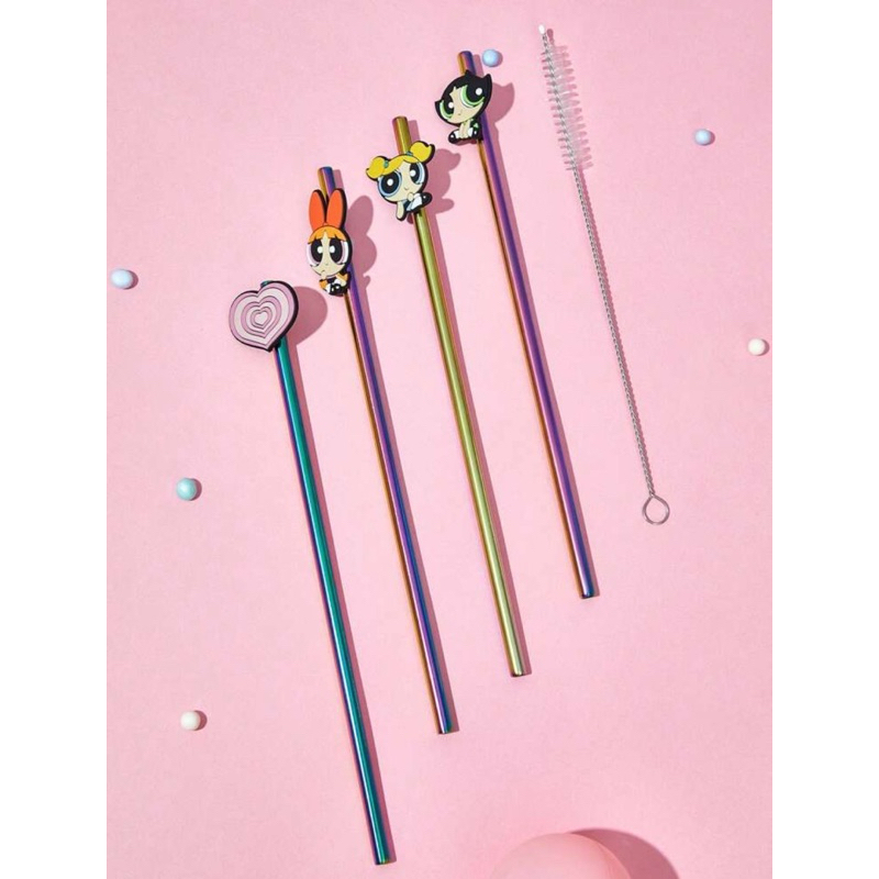 พร้อมส่ง THE POWERPUFF GIRLSแท้ % set/5 ชิ้น หลอดดูดน้ำ สแตนเลส ลิขสิทธิ์แท้จาก SHEIN X