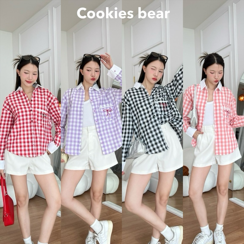 A13 - cookies bear เสื้อเชิ้ตโอเวอร์ไซส์แขนยาว ลายสก๊อตงานปักโบว์แดง