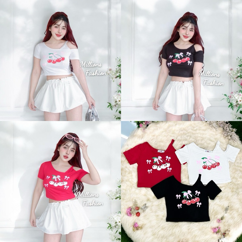 💰Pangpang💰เสื้อครอป สกรีน เชอรี่ ผ้าเรย่อน รอบอก30-36“