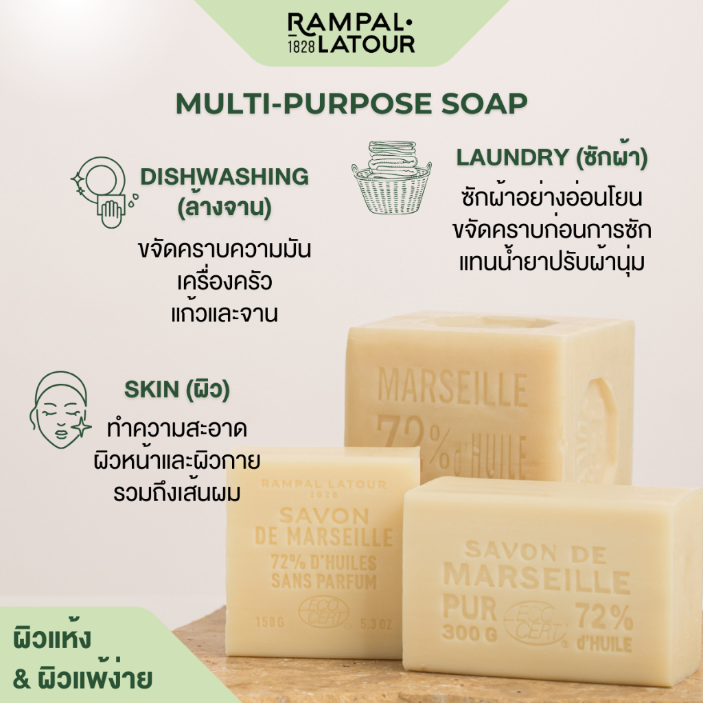 สบู่ฝรั่งเศสมาร์เซย์แท้ Rampal Latour | สบู่ก้อนธรรมชาติจากน้ำมันพืช 72% | Vegetables Oil Savon de Marseille Soap - รูปที่ 4