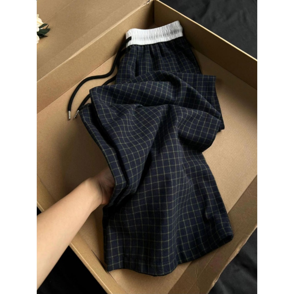 วินเทจตัดกางเกงลายสก๊อตเอวสูงขากว้างกางเกงผู้หญิงเกาหลีรุ่นสบาย ๆ ตรงแสดงผอมยาวกางเกงฤดูร้อน 2026 ใหม่