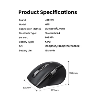 Ugreen Wireless Mouse เมาส์ไร้สายบลูทูธ 5.4 2.4G Ergonomic 5000DPI สําหรับ แท็บเล็ตแล็ปท็อปคอมพิวเตอร์ รุ่น 45792