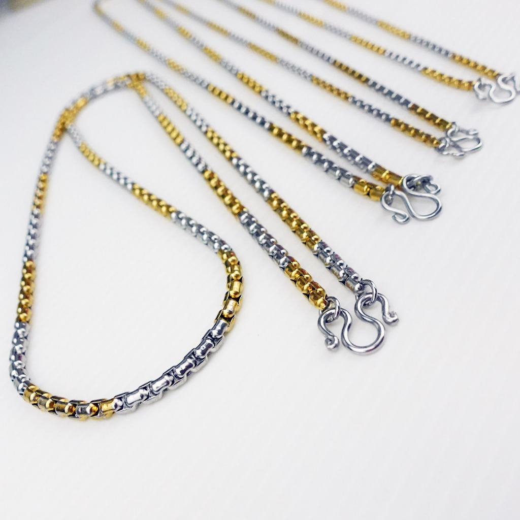 C07 ลายผ่าหวายข้อยาว 2.5 มม. ยาว 25.5 นิ้ว สีสองกษัต สร้อยคอ สร้อยสแตนเลสแท้ สร้อยพระ necklace