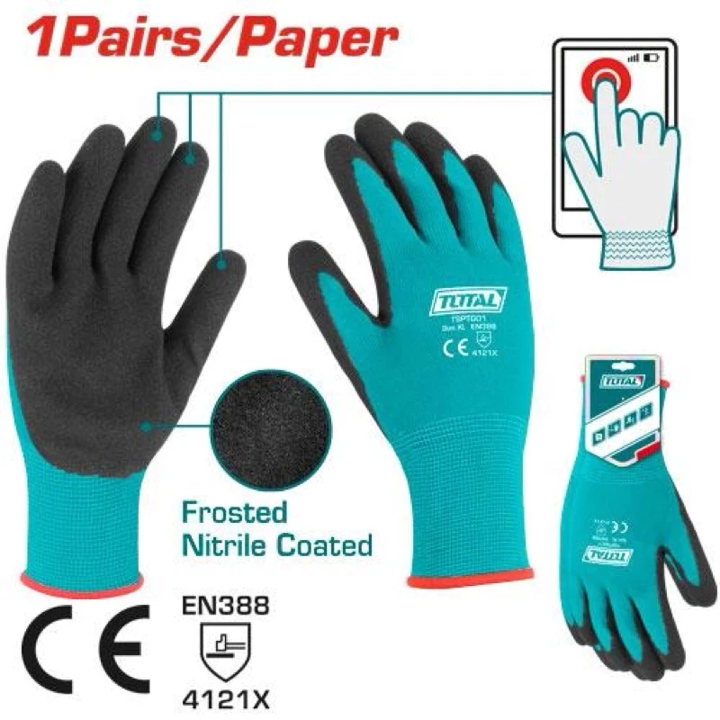 Total ถุงมือ เคลือบยางไนไตร สำหรับงานหนัก วัตถุเคมีและของมีคม รุ่น TSPTG01 ( Nitrile frosted coated gloves ) ถุงมือไนไตร