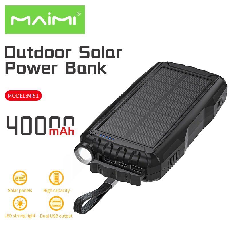 Maimiรุ่น Mi51 power bank Solar panels แบต40000mah 22.5W มีไฟฉายในตัว ออก2ช่องUSB ใช้งานได้ยาวนานทนท