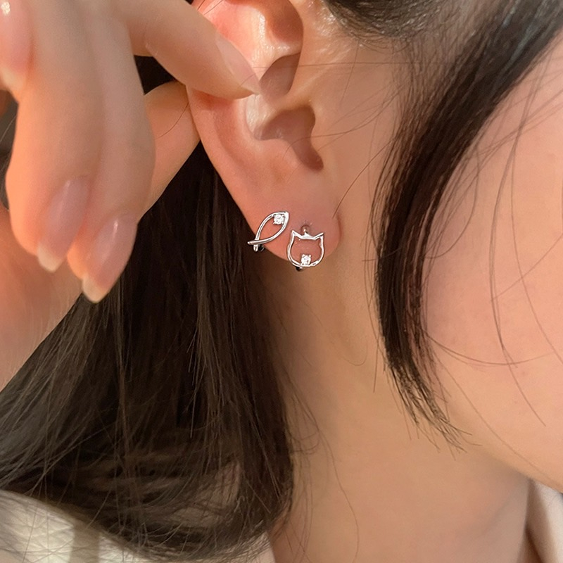 345-cat and fish earrings 925 silver needle ต่างหูห่วงกลมแบบล็อค หน้าแมวและปลา