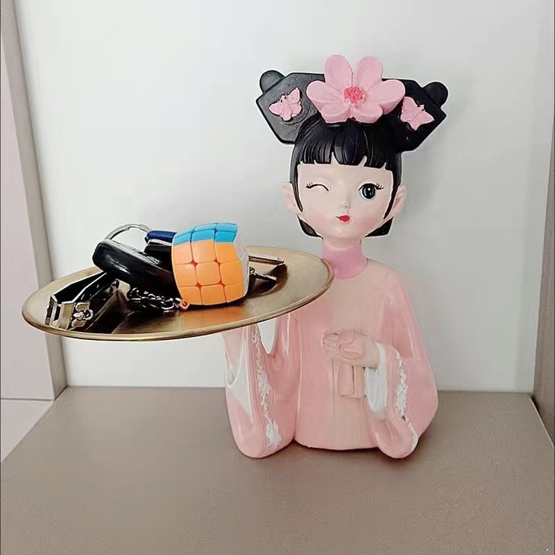 🙎‍♀️พร้อมส่ง🙎‍♀️ ของตกแต่งบ้าน สาวน่ารัก ห้องนั่งเล่นเดสก์ท็อประเบียงถาดเก็บกุญแจ วัสดุเรซิน ของขวัญสำหรับเพื่อน