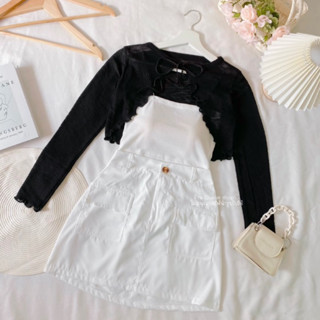 Set 3ชิ้น♡ เสื้อคลุมแขนยาว+เสื้อสายเดี่ยว+กระโปรง ทรงเอ มีกระเป๋าคู่หน้า