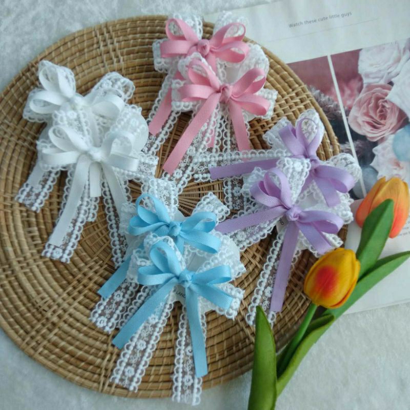 โบว์ติดผม ยางรัดผม กิ๊บโบว์ติดผมผ้าลูกไม้ผสมริบบิ้นผ้าTwill