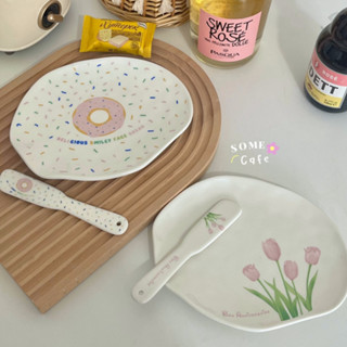 [พร้อมส่ง] Ins donut plate ceramic จานเซรามิค จานน่ารัก มีดทาเนย ช้อนทาเนย