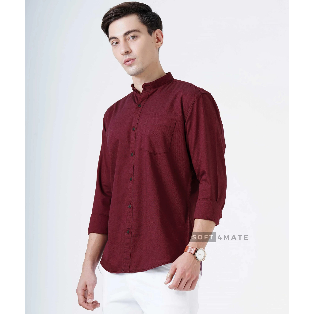 เสื้อเชิ้ตคอจีนสีแดงเบอร์กันดี้ แขนยาว ทรงเข้ารูป SLIM FIT ผ้า OXFORD เสื้อเชิ้ตผู้ชาย Mandarin Collar Shirt