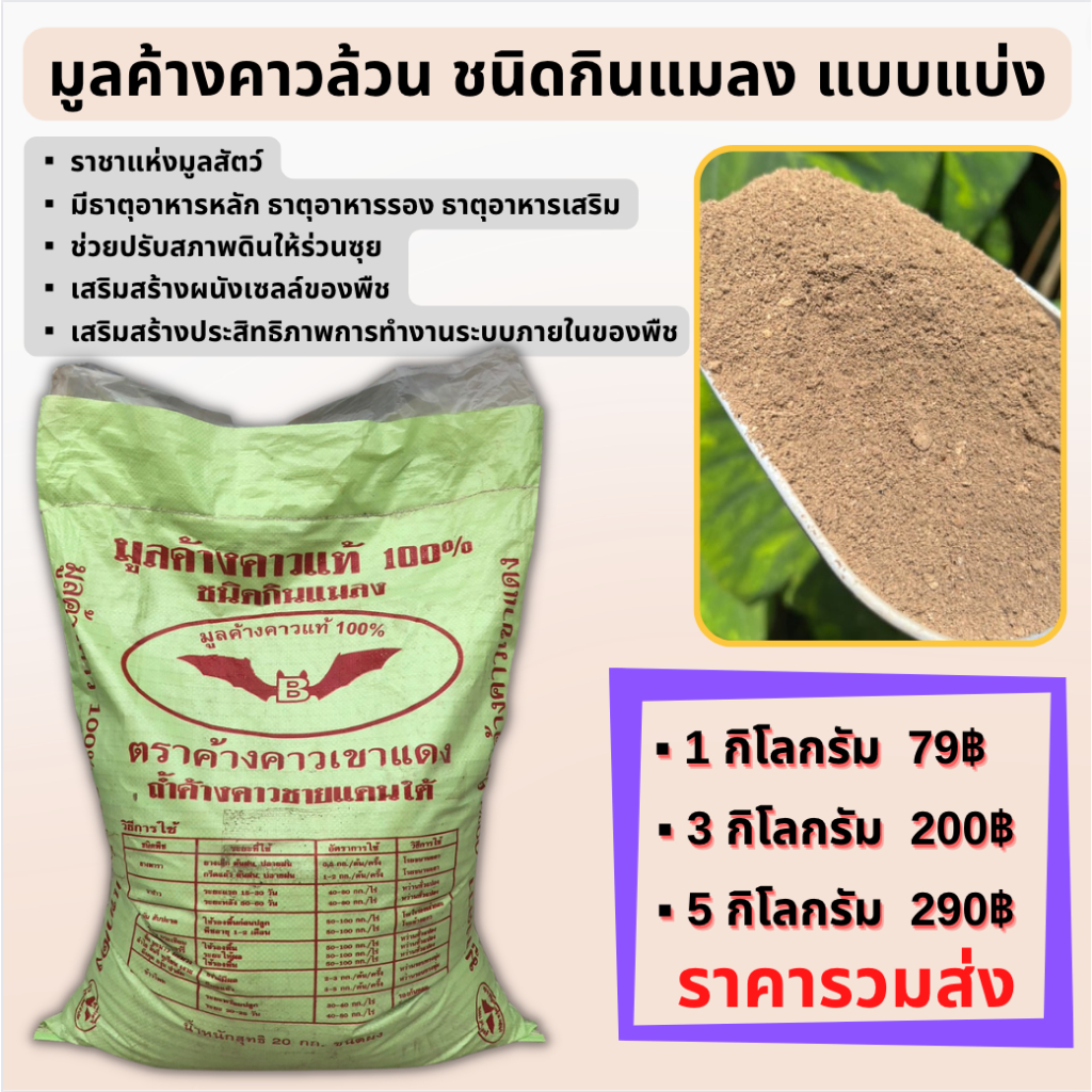 ส่งฟรี มูลค้างคาวล้วน ชนิดกินแมลง ราชาแห่งมูลสัตว์