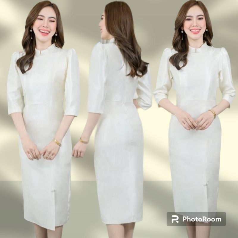 ชุดเดรสผ้าไหมญี่ปุ่น ทรงจิตรลดา สีขาว ผ่าหน้าคอจีนแขนศอกงานอัดกาวทั้งชุดทุกชิ้น ทรงสอบเรียบหรู ซิปซ่อนด้านหลัง