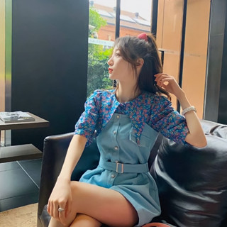 พร้อมส่ง set 2 ชิ้น เสื้อคอปกเหลี่ยม มาพร้อมกางเกงเอี๊ยม งานสวยดูดี ชุดลายดอกไม้ ป้ายypy