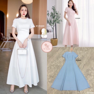 ❣️พร้อมส่ง📌BT 7285 ชุดสุภาพ ชุดออกงาน ชุดงานบุญ เดรสยาวแขนสั้นคอกลม กระโปรงบานออก ผ้าสวยมีลายในตัว