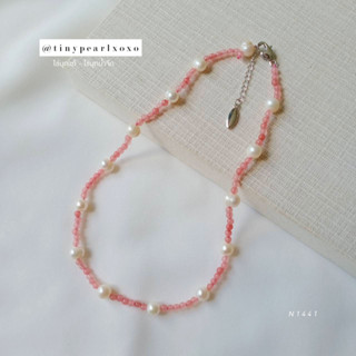 สร้อยหินสีชมพู ไข่มุกแท้ หินอาเกต สร้อยน่ารัก Pink Style Necklace สร้อยไปทะเล Tinypearlxoxo N1441