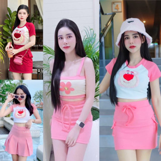 🎀999MPM Shop🎀ชุดเซ็ตสองชิ้นน้องหมีLotso-เซ็ตเอกไม้(งานปักอะไหล่)🌸เซ็ตเสื้อ+กระโปรงสีชมพู งานกระแสฮิตมาก