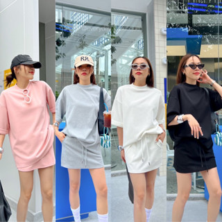 BASIC oversized set🩶💗🤍🖤(450฿ฟรีส่ง) ชุดเซ็ตเสื้อยืดคอกลมทรง oversized ดีเทลพับแขนเบิ้ลแบบจึ้ง กระโปรงซับในกางเกง vibe