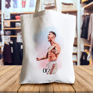 กระเป๋าผ้าแคนวาสนักเตะคริสเตียโน โรนัลโด canvas tote bags ลายภาพวาดต้นฉบับงานศิลปะตามแบบของทางร้าน