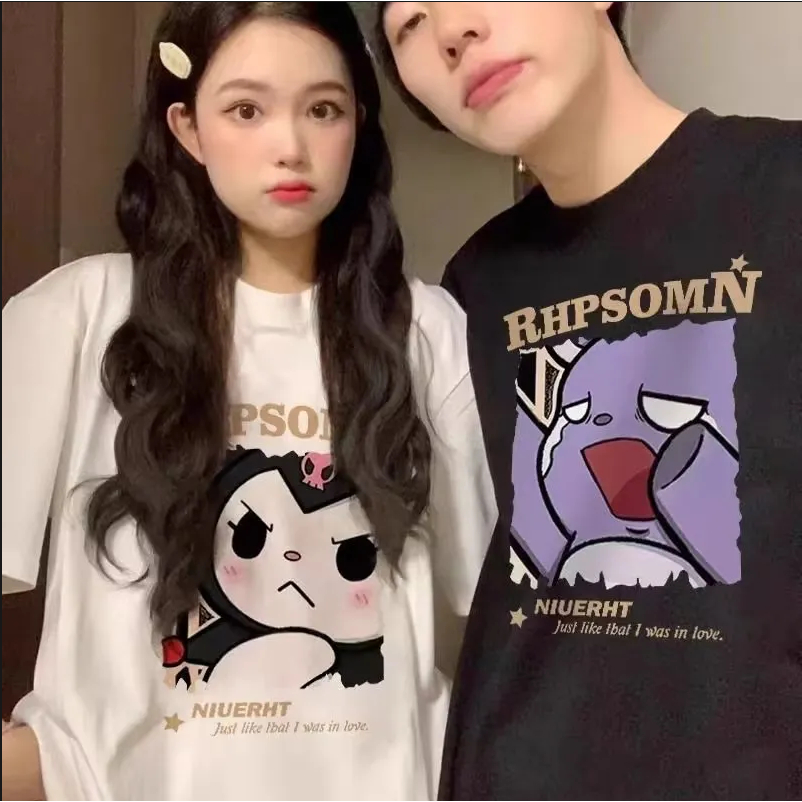 เสื้อคู่รักชายหญิงที่กําลังฮิต oversize เสื้อผ้าแฟชั่นวัยรุ่นน่ารัก เสื้อโอเวอร์ไซส์เกาหลี สกรีนลายลายการ์ตูน วินเทจ