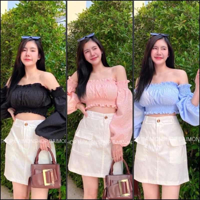 aimorn_shop เสื้อปาดไหล่ แขนยาว เนื้อดีใส่สบาย แขนดึงยางรอบทรงน่ารักมากกก