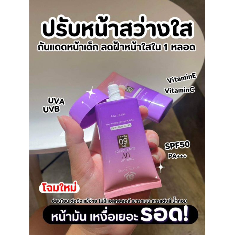 โฉมใหม่สูตรใหม่ครีมกันแดดไวท์โรซี่ย์ครีมกันแดดหลอดม่วงกันแดดหน้าเด็กสูตรใหม่SPF50 PA++ มีUVAUVB ขนาด20กรัม