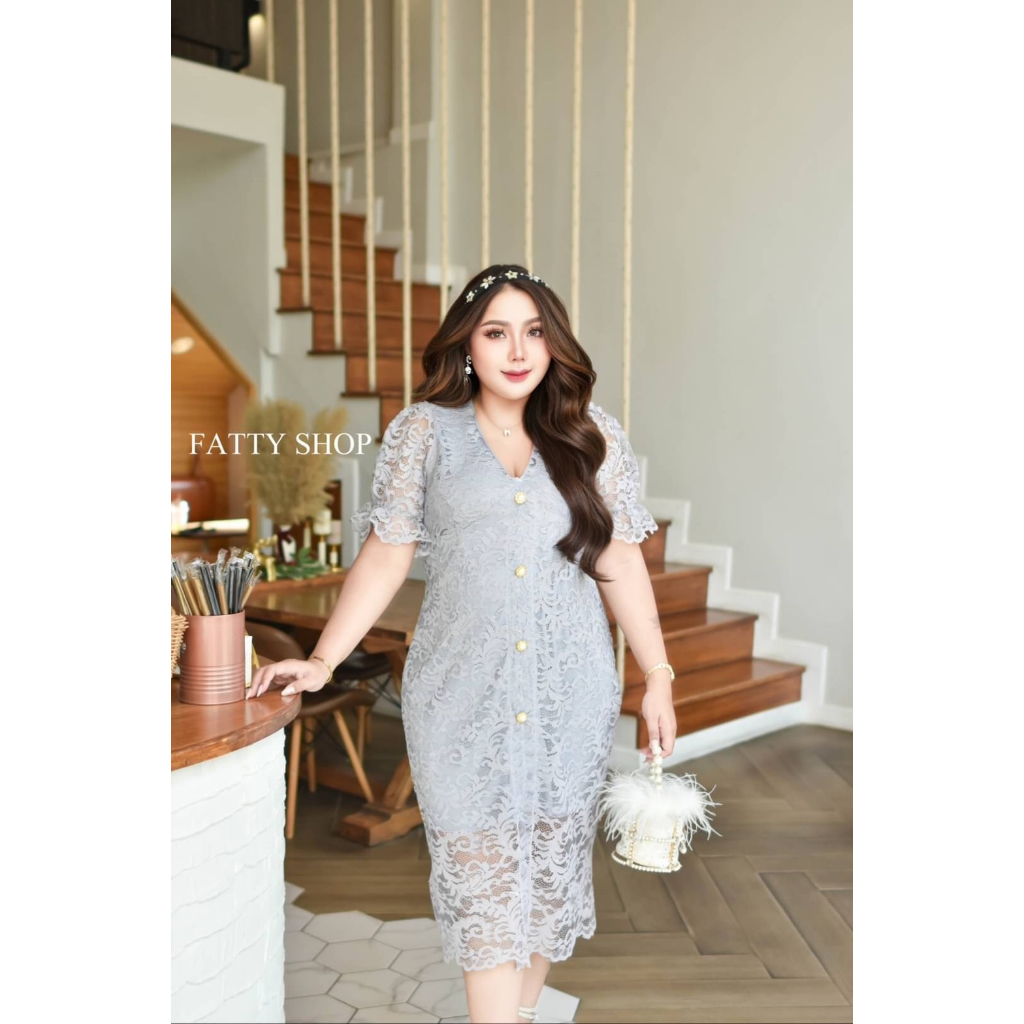 เดรสแขนสั้นคอวีลูกไม้ฉลุลาย มีซับใน ซิปหลัง ชุดออกงานสาวอวบ ชุดออกงานไซส์ใหญ่ ชุดออกงานคนอ้วน ออกงานสาวอวบ พลัสไซส์ FA - รูปที่ 3