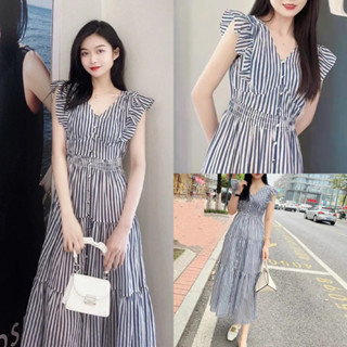 maxi dress ชุดเดรสแขนกุด แต่งระบาย มีเขือกปรับระดับ พิมพ์ลายริ้ว