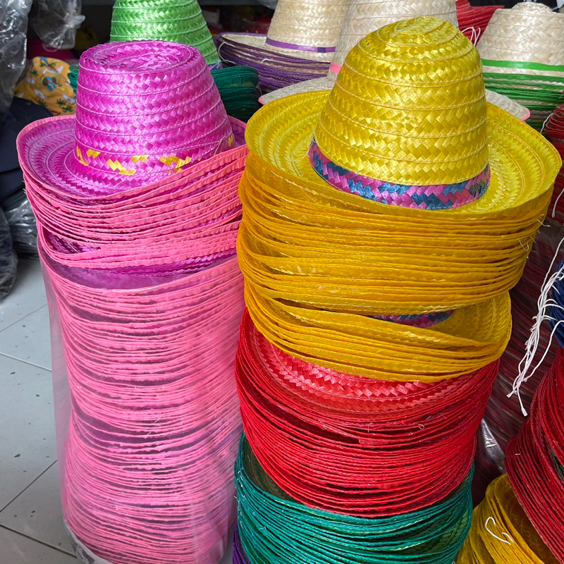 (ยกโหล 12 ใบ) หมวกสานสีพื้น ใส่เชียร์กีฬา ปีกกว้าง 3 นิ้ว