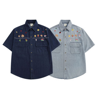 KOREA SHIRT DENIM : เสื้อเชิ้ตผ้ายีนส์แขนสั้นงานปัก EMOJI MUSHROOM