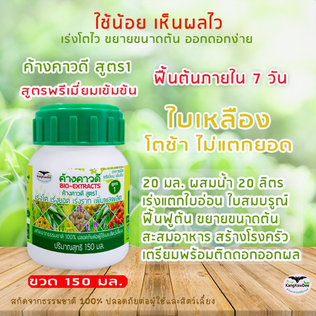 ใบเหลือง โตช้า ไม่แตกยอด ไม่ติดดอกไม่ออกผล (ค้างคาวดี สูตร 1, สูตร 2, สูตร 3)ค้างคาวดี150มล