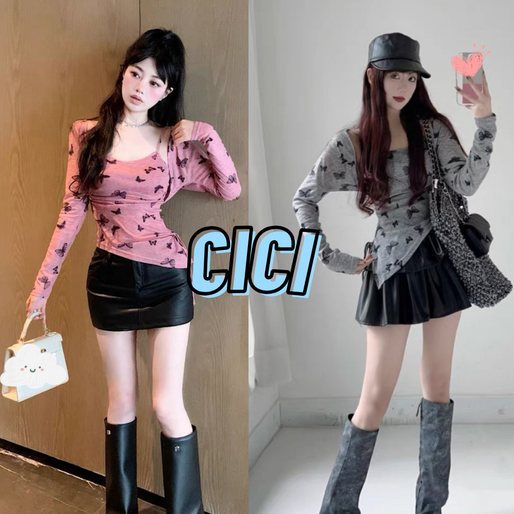 ส่งทันที Cici(NO. J777)SET 2 ชิ้น สายเดี่ยว+เสื้อคลุมลายผีเสื้อ ดีเทลปลายเฉียง มีฟองน้ำสาวแซ่บไม่มีไ