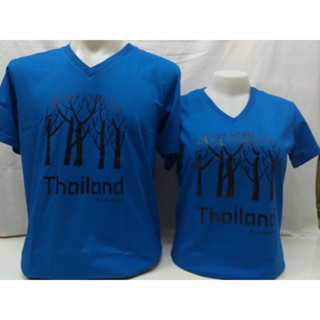 “Thailand”เสื้อเป่ายิ้งฉุบ เสื้อยืดสีน้ำเงิน  คอวี