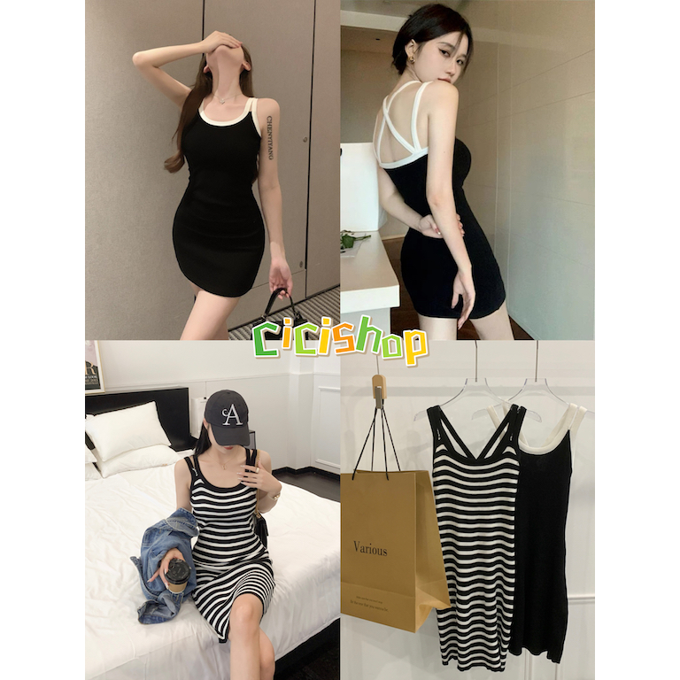Cicishop(SALE/สุ่มสี B5690)เดรสสายเดี่ยวไหมพรมรัดรูปทรงสวย ดีเทลสายไคว้หลัง ใส่แล้วปังสุดๆ