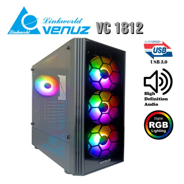 VENUZ ATX Mid Tower Tempered Glass Gaming Case VC 1812 with Rainbow RGB Fan x 4 - Black