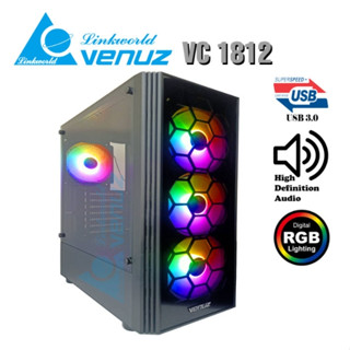 VENUZ ATX Mid Tower Tempered Glass Gaming Case VC 1812 with Rainbow RGB Fan x 4 - Black