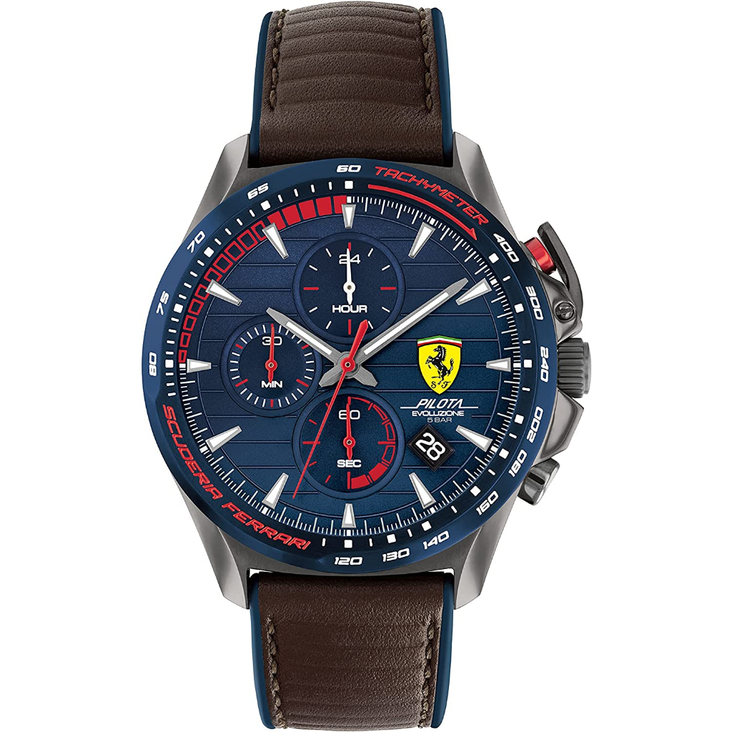 Ferrari Scuderia Pilota Evo Men's Quartz Chronograph Stainless Steel and Leather Strap Watch, Color: