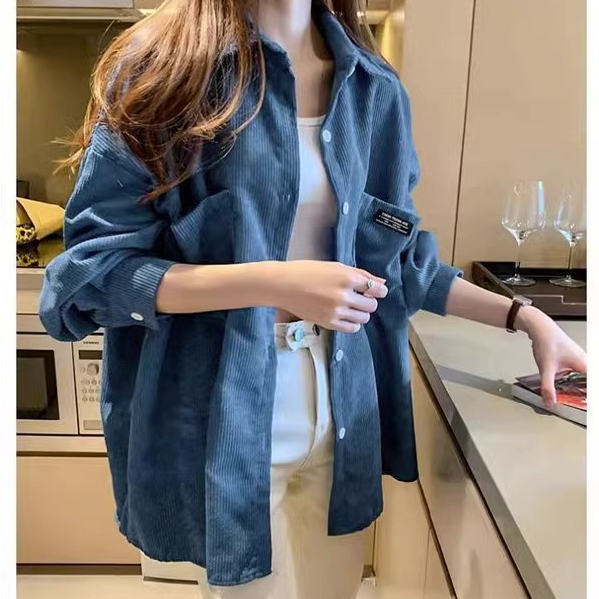 CTB550 เสื้อเชิ้ตผ้าลูกฟูก เสื้อแจ็คเก็ตเชิ้ตลูกฟูก 💟มี3สี💟 แขนยาวคอปก คลุมกันแดดผู้หญิง เกาหลี free