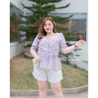 DZ009 - Rosie Purple shirt’เสื้อคอวีสีม่วงพิมพ์ลาย