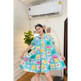 TK1528 เดรสแขนตุ๊กตา ลายดอก ผ้าเนื้อดี ใส่สบาย อก32-42''