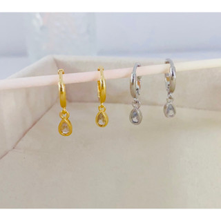 351-Diamond water drop hoop earrings 925 silver needle ต่างหูห่วงกลมแบบล็อค ห้อยเพชร CZ ทรงหยดน้ำ