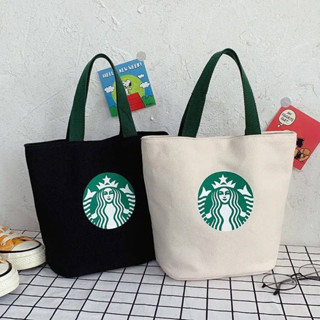 พร้อมส่ง กระเป๋าผ้า starbuck แบบถือ ติดกระดุม